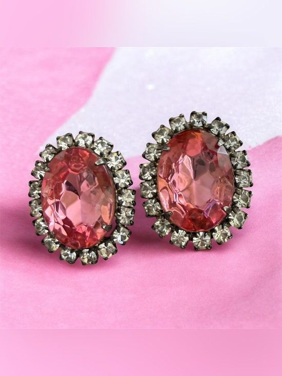 Jewelry - Pink Oval Crystal Glass Rhinestone Halo Silver Tone Stud Earrings